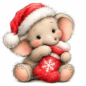 Puede incluir: Una ilustración de un bebé elefante de color marrón claro con un gorro de Papá Noel rojo y blanco. El elefante está sentado y sostiene un calcetín navideño rojo que presenta un patrón de copo de nieve blanco en la parte delantera.