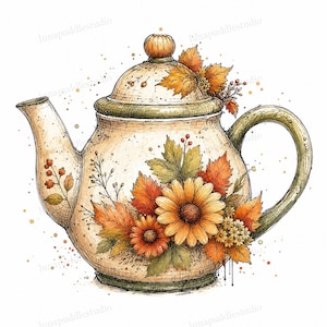 20 Clipart théière automne, automne thé confortable graphiques aquarelle JPG, utilisation commerciale en téléchargement numérique