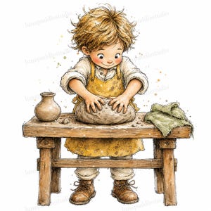 May include: A watercolor illustration of a child with messy blonde hair wearing a yellow apron, standing at a wooden workbench. The child is shaping a lump of clay with both hands. A small ceramic pot and a green cloth sit on the table.