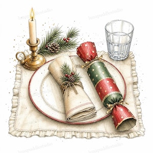 May include: A festive table setting illustration featuring a white plate with a red rim, a cream napkin tied with pine and berries, a red and green polka dot cracker, a brass candle holder with a lit candle, and a clear glass on a ruffled mat.