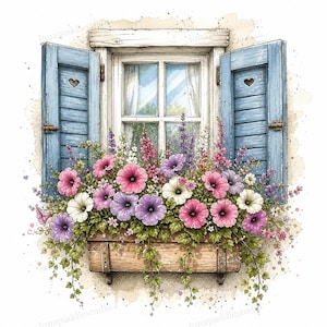 May include: A watercolour illustration of a window with open blue shutters featuring heart-shaped cutouts. A wooden window box is filled with vibrant pink, purple, and white petunia-like flowers and green trailing ivy leaves against a white background.