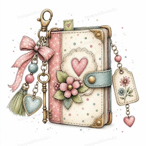 May include: A small, cream-colored journal with a pink spine, decorated with polka dots, a central heart, and a floral accent. It features a metal clasp, gold-toned corner protectors, and various hanging charms including a key, a bow, and a tag.