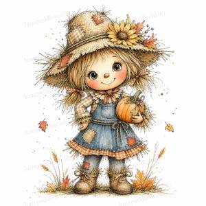 May include: A scarecrow illustration featuring a straw hat with a sunflower, a blue denim overall dress with patches, and a plaid shirt. The character has blonde hair, rosy cheeks, and holds a small orange pumpkin. Autumn leaves surround the figure.