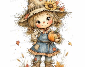 May include: A scarecrow illustration featuring a straw hat with a sunflower, a blue denim overall dress with patches, and a plaid shirt. The character has blonde hair, rosy cheeks, and holds a small orange pumpkin. Autumn leaves surround the figure.