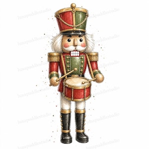 May include: A nutcracker figure wearing a red and green uniform with gold accents, a tall hat, and white hair. The figure holds two drumsticks and stands behind a red drum with gold trim. The illustration features a white background with speckles.