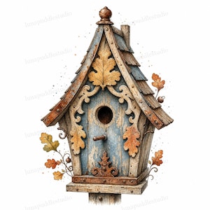 May include: A wooden birdhouse with a weathered blue finish, featuring a peaked roof, a central circular entrance, and a small perch. The structure is decorated with carved oak leaf motifs and metal accents, surrounded by illustrated autumn leaves.