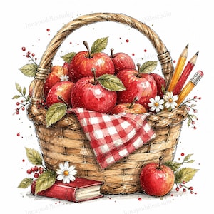 Puede incluir: Una cesta de mimbre tejida llena de manzanas rojas brillantes, hojas verdes y un paño a cuadros rojos y blancos. Tres lápices están metidos en el lateral y un libro rojo con una margarita blanca descansa en la base junto a otra manzana.