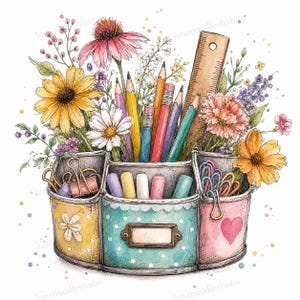Op de afbeelding: Een bureau-organizer met meerdere vakken gevuld met kleurpotloden, een houten liniaal en diverse wilde bloemen. De organizer heeft een geel gedeelte met een bloem, een turquoise gedeelte met witte stippen en een labelplaatje, en een roze gedeelte met een hartje.