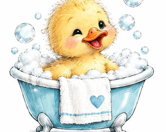 May include: A fluffy yellow duckling with rosy cheeks sits in a light blue clawfoot bathtub filled with white soap bubbles. A white towel with a small blue heart icon hangs over the side of the tub, surrounded by several floating transparent bubbles.