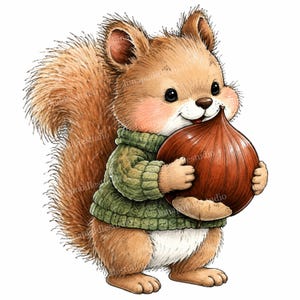 May include: A brown squirrel with a fluffy tail wearing a green cable-knit jumper, holding a large brown chestnut in its paws. The illustration features soft fur textures, pink cheeks, and a white belly, rendered in a detailed, hand-drawn style.