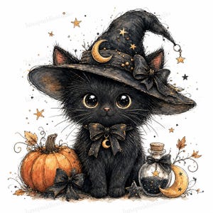 20 Whimsical Black Cat Witch Hat Clipart, Cute Watercolor JPGs, Printable Black Cat Witch Hat Art, Digital Download, Commercial Use