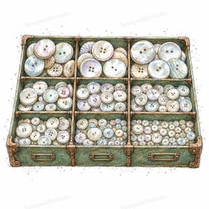 May include: An illustration of a green wooden storage box with nine compartments filled with various round, iridescent mother-of-pearl buttons. The box features metal corner reinforcements and three label holders on the front, with the text lunapuddlestudio.