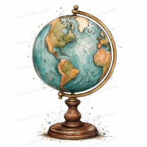 Könnte beinhalten: Ein Globus im Aquarellstil mit türkisfarbenen Ozeanen und beigen Kontinenten, montiert auf einem dunkelbraunen Holzständer mit einem goldfarbenen Meridianring. Die Illustration zeigt gestrichelte Linien und verstreute Farbspritzer.