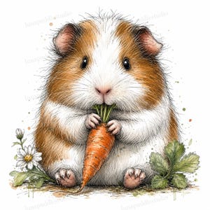May include: A watercolour-style illustration of a brown and white guinea pig holding an orange carrot with green leafy tops. The guinea pig has dark eyes and whiskers, and is positioned between a small white daisy and green leaves.