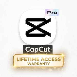Könnte beinhalten: Das CapCut-Logo, ein schwarz-weißes Design, wird über dem Wort "CapCut" angezeigt. Darunter befindet sich ein goldener Banner mit dem Text "LIFETIME ACCESS WARRANTY" und ein "Pro"-Label oben.