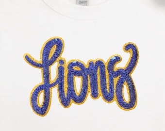 Sequin Lions Patch:  10" Gold and Blue Glitter Iron-On, DIY