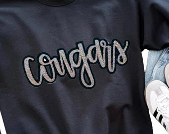 Sequin Cougars Patch:  11" Silver Glitter Iron-On, DIY