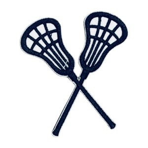 May include: Embroidered patch featuring two crossed lacrosse sticks in navy blue and white. The patch has a detailed design with a white mesh net and navy blue handles, perfect for sports enthusiasts.