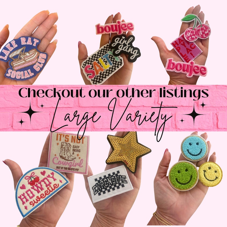 May include: Collection of embroidered patches with various designs, including a boat, cherries, smiley faces, and text like "boujee" and "expensive." The image also includes the text "Checkout our other listings Large Variety."
