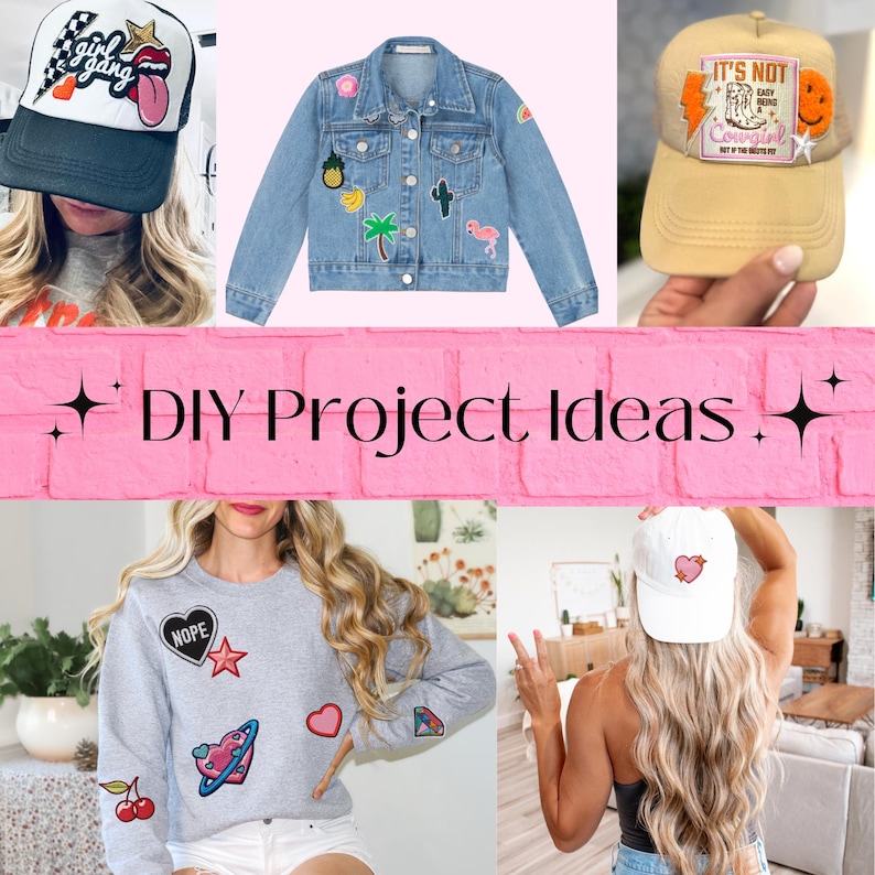 May include: A collage of DIY project ideas featuring various items. Includes a denim jacket with patches, a gray sweatshirt with patches, and several baseball caps. The caps have text and patches, including a heart, a star, and a tongue.