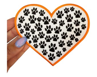 Paw Print Heart Patch, 5in Embroidered  Orange and Black Heart