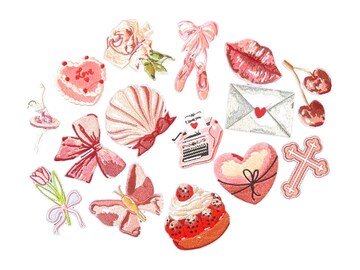 Girly Iron On Patches, Bulk Iron On Patches, Coquette Embroidered Patches, Pink Iron Patches,  Heart Iron On Patch, Cute Patch Bundle