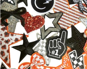 Black and Orange Iron-On Patches: Embroidered and Sequin DIY Embellishments