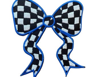Large Checkered Bow Patch: Blue Black 5 inch Iron On Embroidery