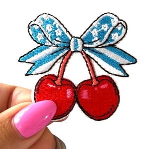 Cherry Iron On Patch, Patriotic Bow, DIY Apparel