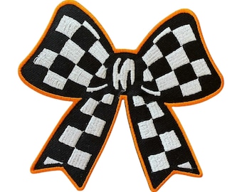 Large Checkered Bow Patch: Orange Black 5 inch Iron On Embroidery