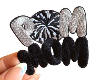 Pom Mom Iron-On Patch, Black White Silver Embroidered Applique