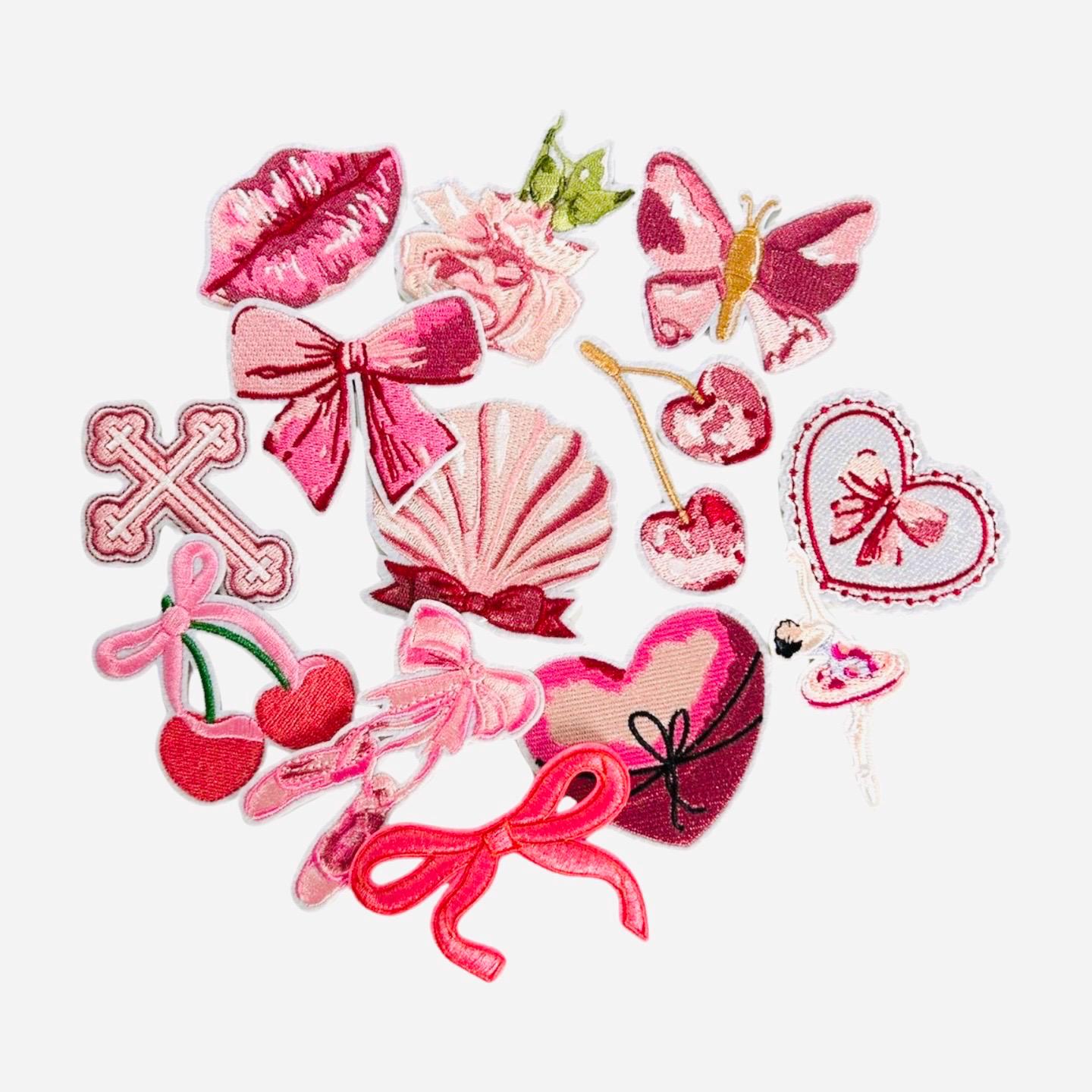 Girly Iron On Patches, Bulk Iron On Patches, Coquette Embroidered Patches, Pink Iron Patches,  Heart Iron On Patch, Cute Patch Bundle