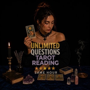 May include: A person holding a tarot card with a star design, with the text "UNLIMITED QUESTIONS TAROT READING" and "SAME HOUR". The image includes a lit candle, crystals, and tarot cards on a dark blue surface.
