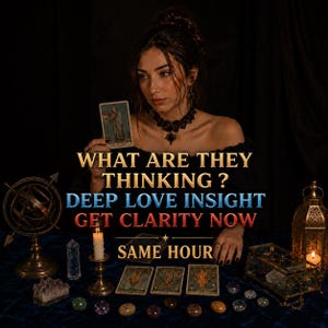 Peut inclure: Une femme tient une carte de tarot avec le texte "WHAT ARE THEY THINKING? DEEP LOVE INSIGHT GET CLARITY NOW SAME HOUR". L'image comprend des cartes de tarot, des cristaux, une bougie et un globe décoratif.