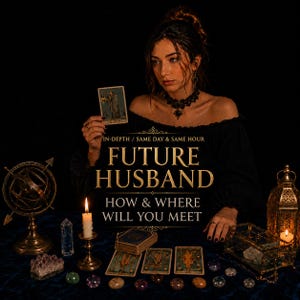 May include: An image of a woman holding a tarot card, with the text "FUTURE HUSBAND" and "HOW & WHERE WILL YOU MEET". The scene includes a lit candle, crystals, and other tarot cards, creating a mystical atmosphere.