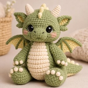 Puede incluir: Un dragón de ganchillo hecho a mano en tonos verdes y crema. El dragón tiene ojos negros grandes, alas pequeñas y una barriga color crema. El dragón está sentado con las piernas extendidas y tiene pequeños cuernos color crema.