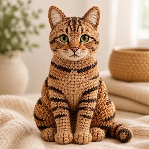 May include: A crocheted cat figurine featuring a tan and brown tabby striped pattern. The cat has bright green eyes, a pink nose, and pointed ears with white inner detailing. It is depicted in a seated position with its tail curled forward.