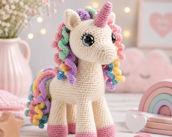 Patron amigurumi licorne au crochet, tutoriel peluche crinière arc-en-ciel (téléchargement PDF)