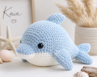 Patrón de delfín a crochet en PDF, tutorial de peluche amigurumi, juguete de animal marino (descarga digital)