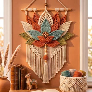 May include: A macrame wall hanging featuring a layered lotus flower design in cream, rust orange, sage green, and teal. The piece is suspended from a wooden dowel with a central vertical strand of wooden beads and a long cream-colored fringe tassel.