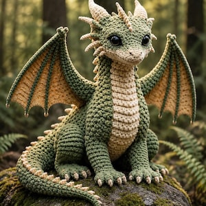 May include: A crocheted dragon toy featuring a textured green body with a cream-colored underbelly, large dark eyes, and expansive wings with tan inner membranes. The creature has small horns on its head and a long tail with cream-colored spikes.
