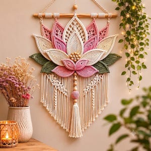 May include: A macrame wall hanging featuring a large lotus flower design in shades of pink, cream, and green. The piece is suspended from a wooden dowel with a rope hanger and includes a central cluster of wooden beads and a long, knotted fringe.