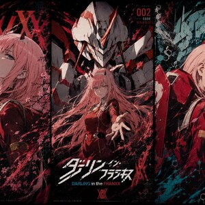 May include: A triptych art print featuring the character Zero Two from Darling in the Franxx. The panels display the pink-haired character in a red suit, with Japanese text, the title Darling in the Franxx, and mechanical robot imagery.