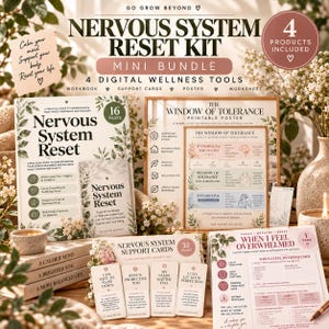 Könnte beinhalten: Ein digitales Nervensystem-Reset-Kit-Bundle mit einem 16-seitigen Arbeitsbuch, einem Fenster-der-Toleranz-Poster, 32 Support-Karten und einem Arbeitsblatt Wenn ich mich überfordert fühle. Das Set enthält gedruckte Anleitungen mit Text und floralen Akzenten.