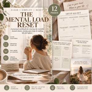 Puede incluir: Un cuaderno de trabajo de 12 páginas para el reajuste de la carga mental, con hojas impresas que incluyen listas de verificación y sugerencias para organizar pensamientos. La portada muestra el título The Mental Load Reset y texto explicativo.