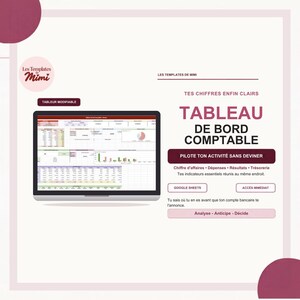 Puede incluir: Una plantilla de panel de contabilidad digital para Google Sheets titulada TABLEAU DE BORD COMPTABLE. La interfaz muestra datos financieros, gráficos y tablas. El texto incluye LES TEMPLATES DE MIMI, PILOTE TON ACTIVITÉ SANS DEVINER y ACCÈS IMMÉDIAT.