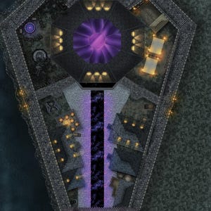 May include: Overhead view of a fantasy map depicting a fortress or castle. The structure is primarily gray and black, with a central purple crystal and a dark river. Buildings and pathways are illuminated with yellow lights.