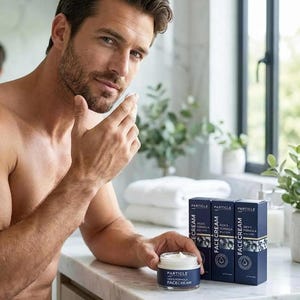 K&ouml;nnte beinhalten: Ein Mann tr&auml;gt Gesichtscreme aus einem Glas mit der Aufschrift "Particle Facecream" auf. Drei Schachteln "Particle Facecream" sind sichtbar. Die Produktverpackung ist dunkelblau mit wei&szlig;em Text und einem kreisf&ouml;rmigen Design.