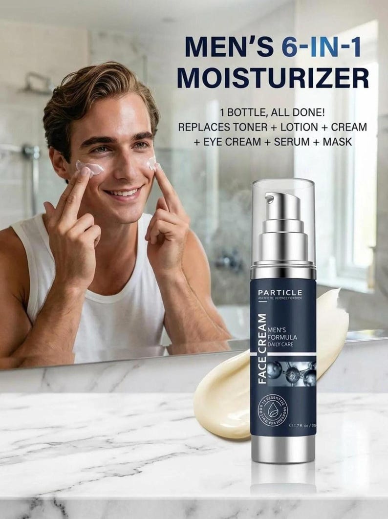 K&ouml;nnte beinhalten: Ein Mann tr&auml;gt Feuchtigkeitscreme aus einer silbernen und marineblauen Flasche auf. Auf der Flasche steht "MEN'S 6-IN-1 MOISTURIZER" und "FACE CREAM". Der Text auf der Flasche lautet auch "REPLACES TONER + LOTION + CREAM + EYE CREAM + SERUM + MASK".