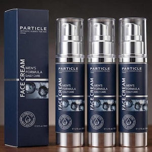 K&ouml;nnte beinhalten: Ein Hautpflegeprodukt-Set mit einer marineblauen Schachtel und drei passenden Flaschen. Die Schachtel und die Flaschen zeigen den Text "PARTICLE Aesthetic Science for Men" und "FACE CREAM Men's Formula Daily Care". Jede Flasche enth&auml;lt 50 ml.